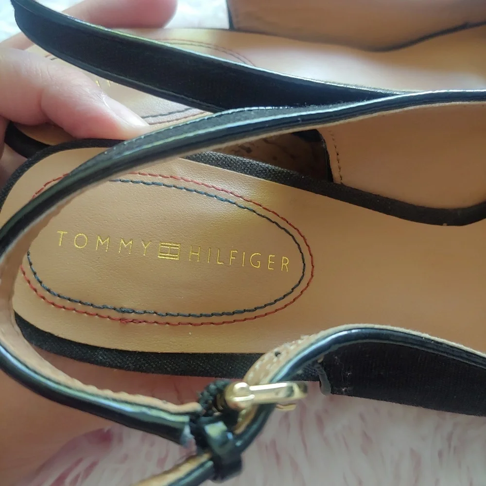 Tommy Hilfiger Black Slingback Espadrille Heels with Gold Accent Bow